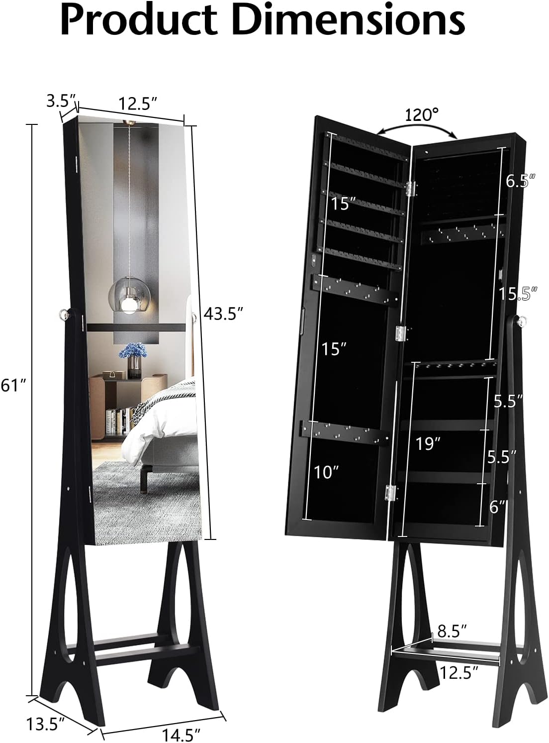 COSTWAY 12 LED Mirror Jewelry Cabinet, Freestanding Jewelry Storage Organizer w/Full Length Mirror, Large Capacity Jewelry Armoire w/Bottom Shelf, Mirror with Jewelry Storage for Women Girls (Black)