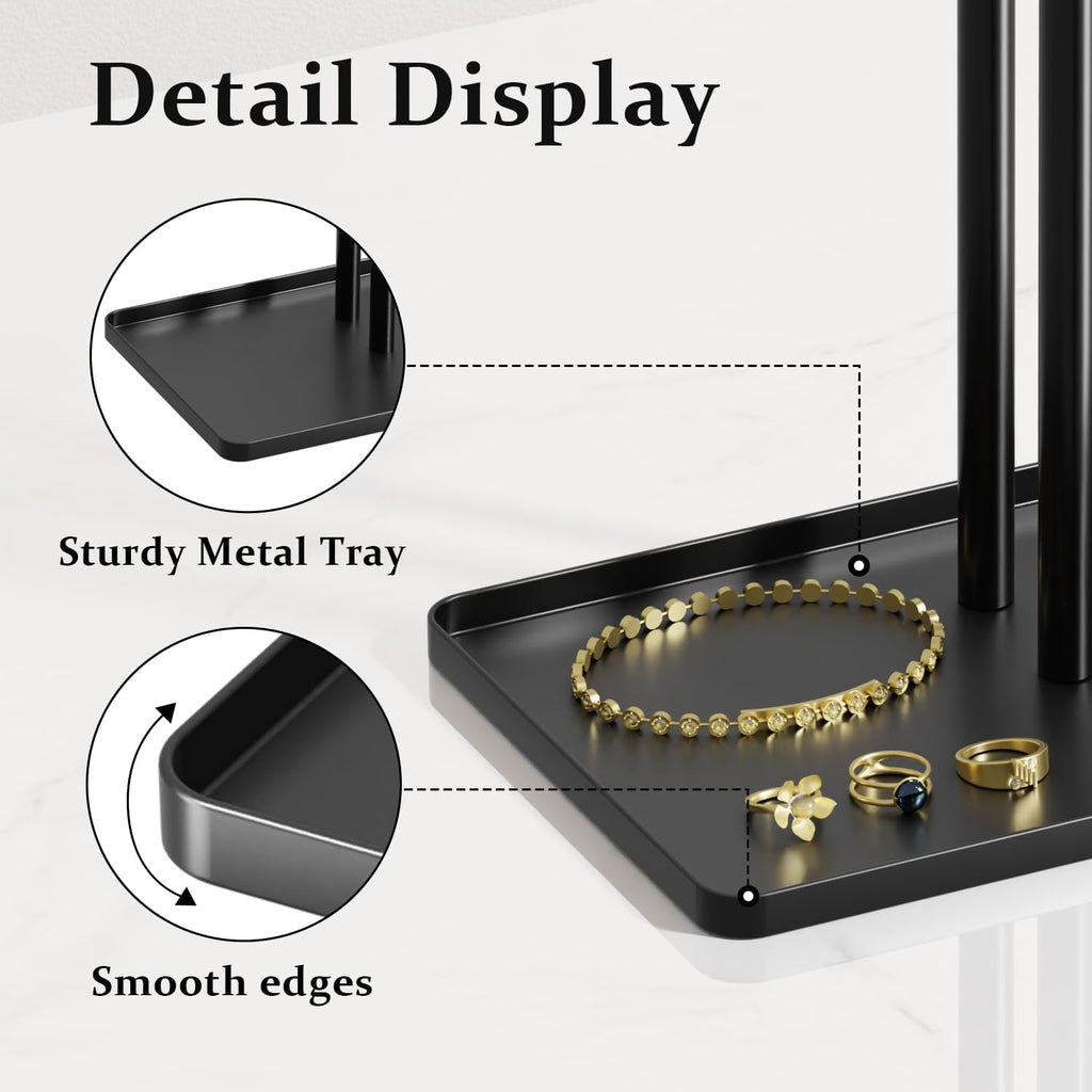 pickpiff Jewelry Stand Organizer, 14.5" Tall Sturdy Metal, 3-Tier Jewelry Holder for Necklace, Earring, Bracelet, Ring, Hanger for Display and Storage, Aesthetic Room Decor, Black