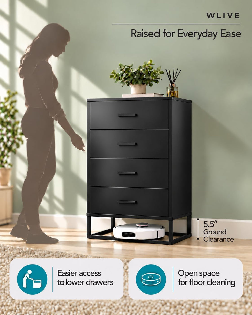 WLIVE Wooden Dresser for Bedroom with 4 Drawers, Black