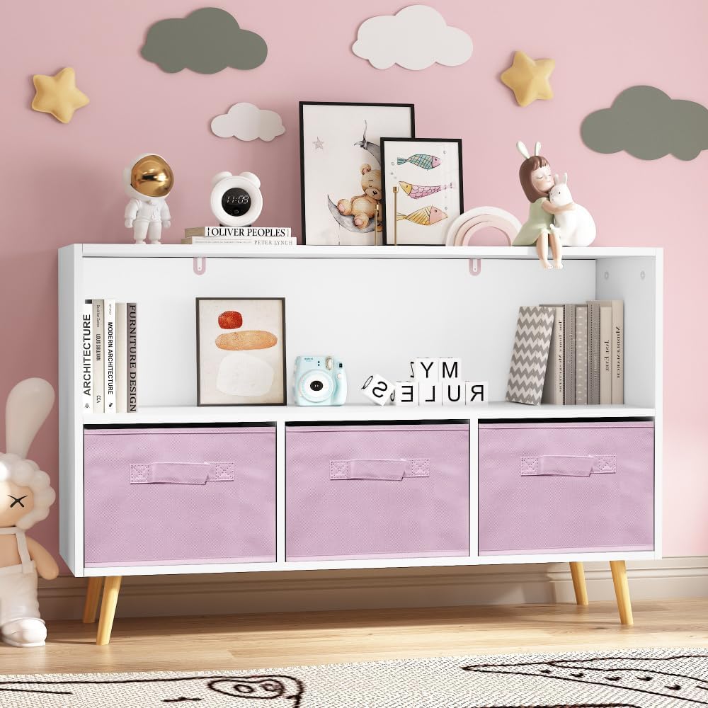 2-Tier Bookcase Bookshelf with Collapsible Fabric Drawers,Cute Book Display S...