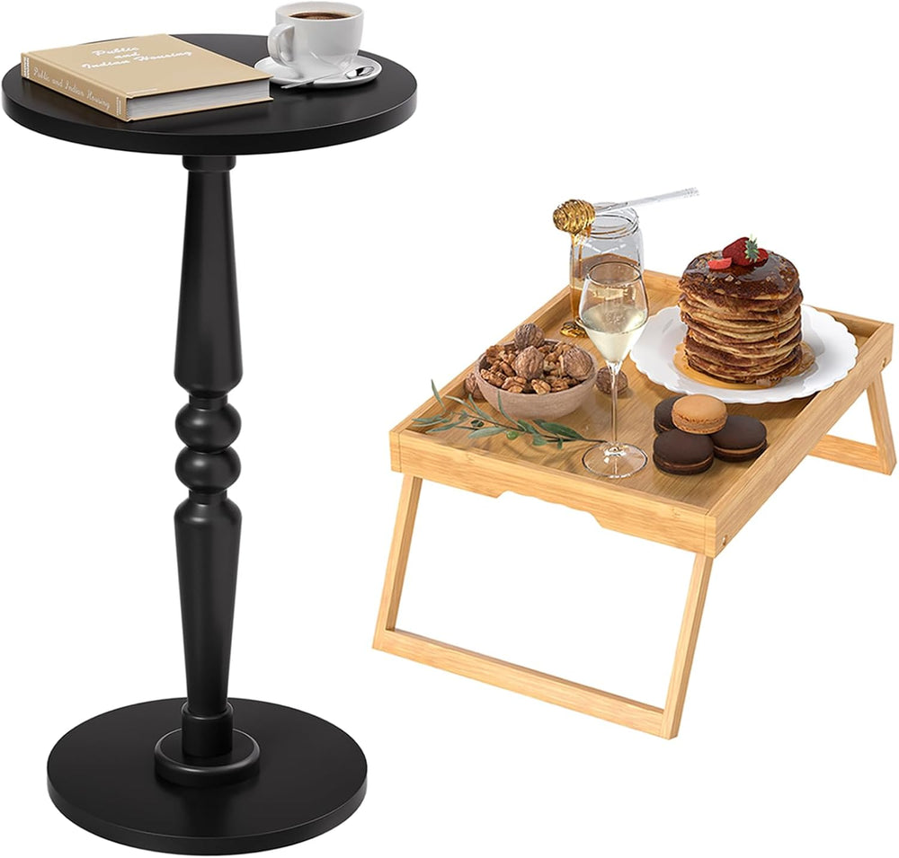 Round Side Table for Small Spaces，Bamboo Bed Tray Table with Foldable Legs
