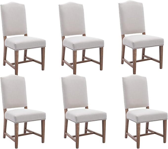 EALSON Farmhouse Dining Chairs Set of 6 with Wood Legs and Padded High Backs in Beige Linen