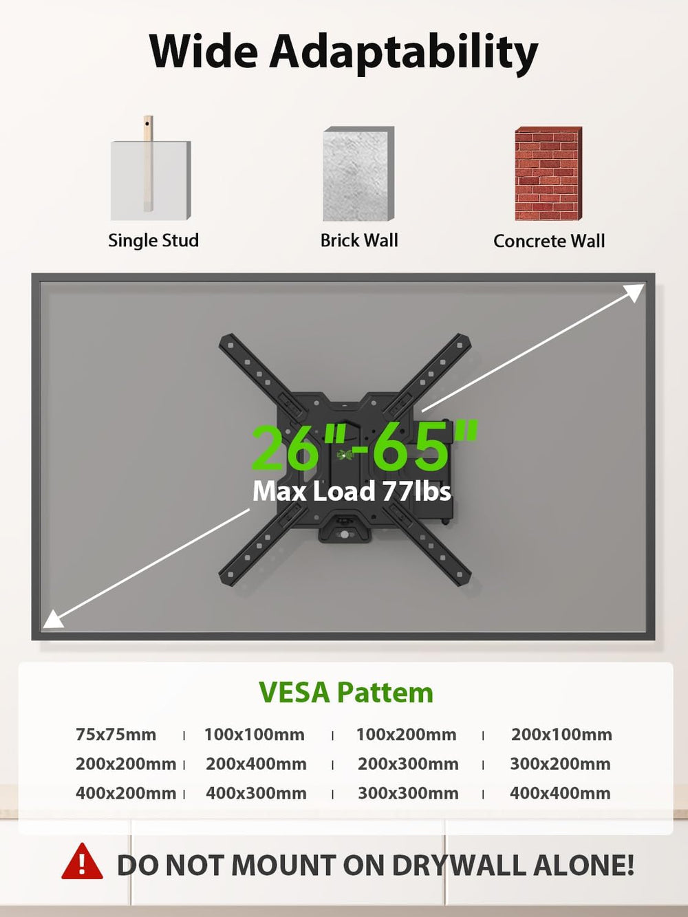 USX MOUNT UL Listed Full Motion TV Mount, Swivel Articulating Tilt TV Wall Mo...