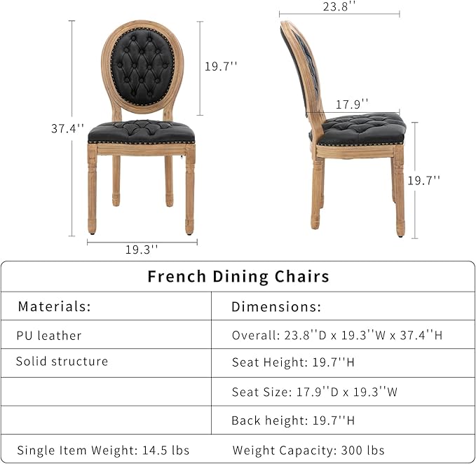 French Country Dining Chairs Set of 8, Black Kitchen & Dining Room Chairs Set of 8, Faux Leather Kitchen Chairs, Tufted Upholstered, Wood Legs, Sillas De Comedor (PU, Black, 8Pcs)