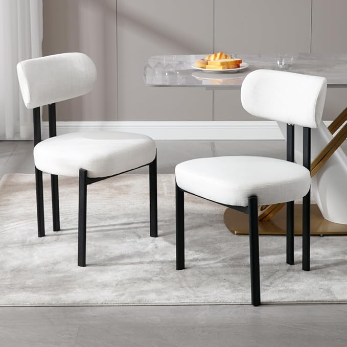LukeAlon Linen Dining Chairs Set of 2, Modern Upholstered Armless Kitchen Chairs with Black Metal Legs Curved Back Dining Room Chairs Reception Guest Chair for Living Room Office, Light Beige
