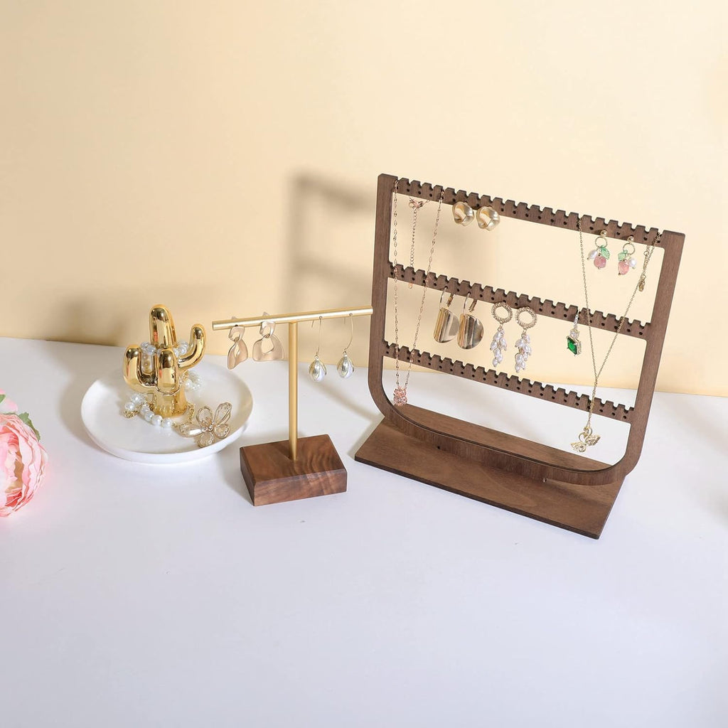 GemeShou earrings T display stands for selling, small earring holder jewelry stand with 4 holes on bar, wood earring hanger for boutique display【Walnut】