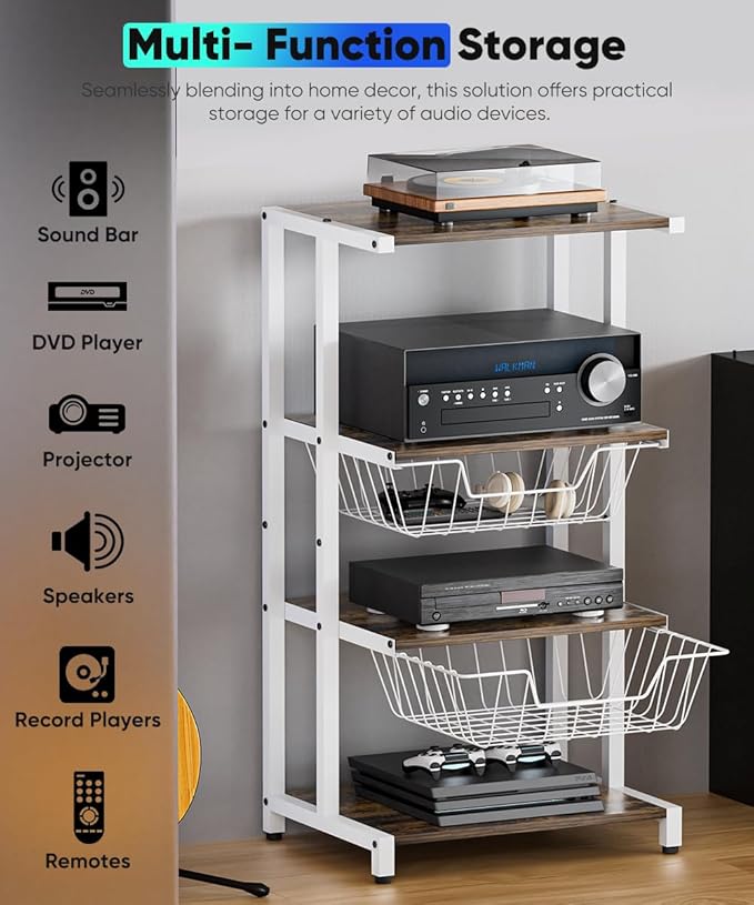 Media Stand with Two Detachable Baskets, 4-Tier AV Media Stand Corner Shelf f...
