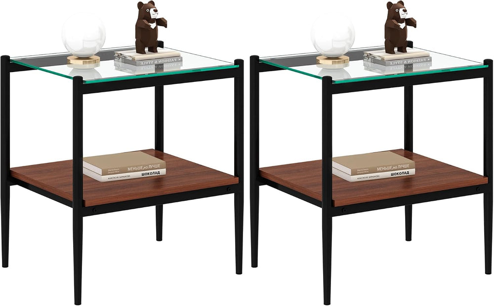 Ywin Rectangle End Table Set of 2, Tempered Glass Tabletop with Layer,Modern ...