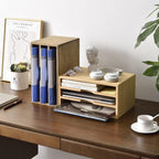 KIRIGEN Wooden Desktop Organizer Paper Storage Letter Tray File Sorter - Desk Rack Magazine File Dividers Holders for Home Office Accessories with 3 Layer Trays Dark Brown (3KWJG-DBR)