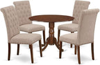 East West Furniture DLBR5-MAH-04 5 Piece Dining Room Furniture Set Includes a Round Dining Table with Dropleaf and 4 Light Tan Linen Fabric Upholstered Chairs, 42x42 Inch, Mahogany
