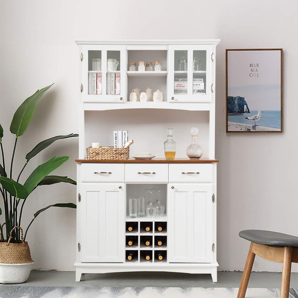Moccha Kitchen Hutch with Storage, Farmhouse Buffet Cabinet Cupboard with Gla...