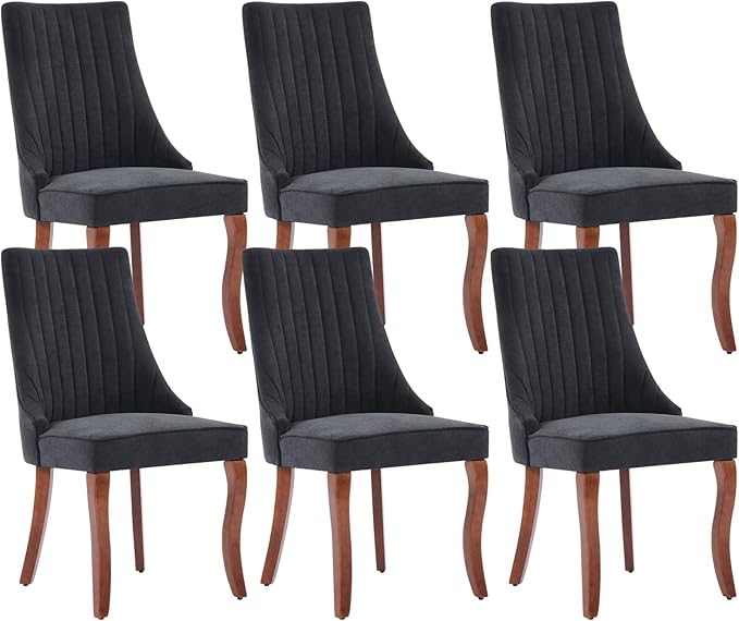 Linen Dining Chairs Set of 6，Fabric Channel Tufted Kitchen Chairs, Upholstered Accent Chairs with Curved Solid Wood Legs, Comfortable Dining Chair for Dining Room, (Black, 6pc)