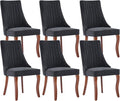 Linen Dining Chairs Set of 6，Fabric Channel Tufted Kitchen Chairs, Upholstered Accent Chairs with Curved Solid Wood Legs, Comfortable Dining Chair for Dining Room, (Black, 6pc)