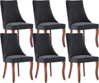 Linen Dining Chairs Set of 6，Fabric Channel Tufted Kitchen Chairs, Upholstered Accent Chairs with Curved Solid Wood Legs, Comfortable Dining Chair for Dining Room, (Black, 6pc)