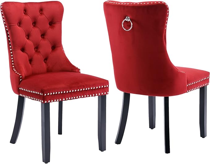 Modern Dining Chairs Set of 2, Tufted Upholstered Dining Chair with Solid Wood Legs, Wine Red Velvet Accent Chair, Sillas de Comedor, Comfy Kitchen Chairs (Burgundy, Velvet, 2Pcs)