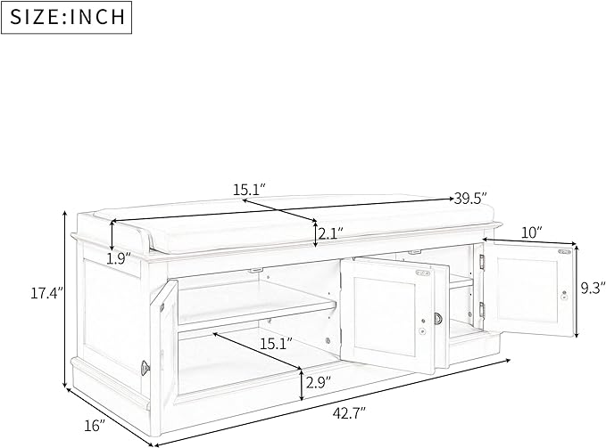 Vintage Hallway Storage Bench with 4 Doors and Adjustable Shelves,Entryway Shoe Rack W/Removable Cushion,for Living Room Bedroom Porch,Espresso,42″