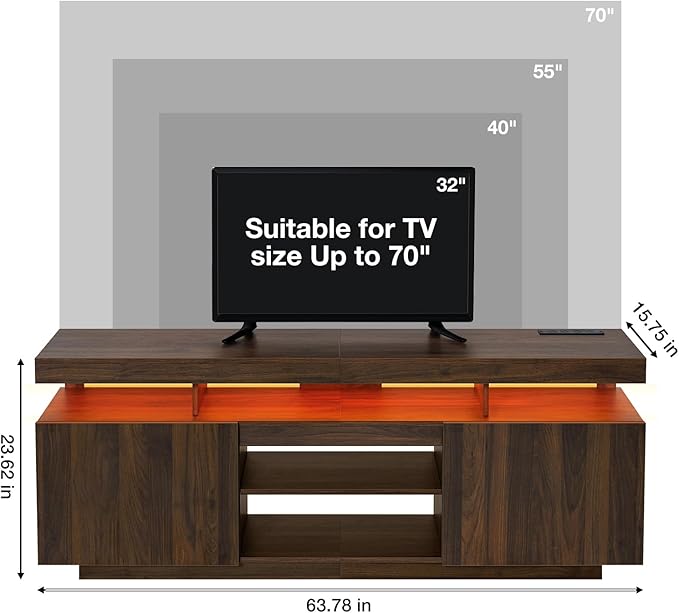 HOMMPA 70 Inch LED TV Stand with Power Outlets for 70/65/60/55 inch TV Gaming Entertainment Center with Storage Modern Industrial TV Cabinet Media Console for Living Room Bedroom Walnut