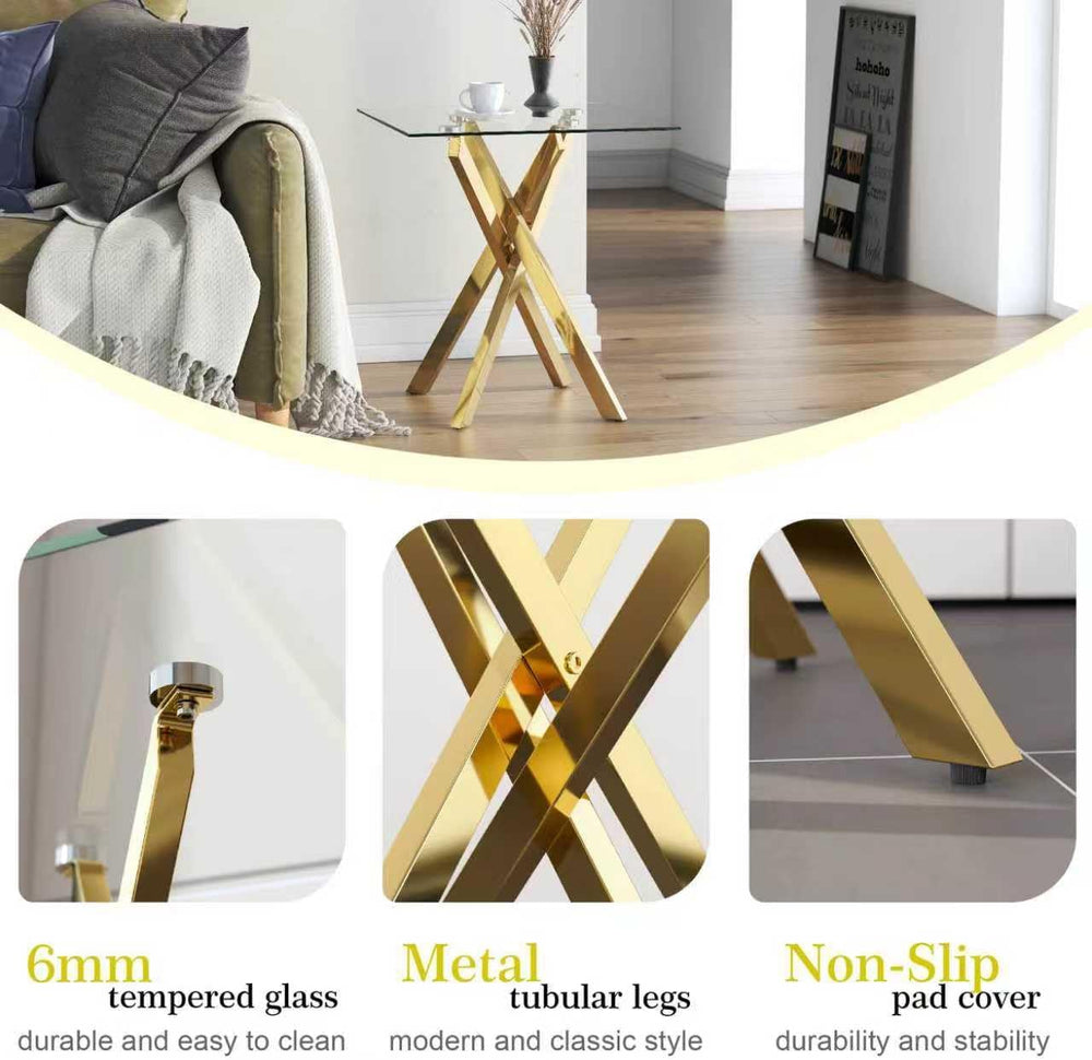 Small Side Table with Chromed Legs, Tempered Glass Square Modern End Table So...