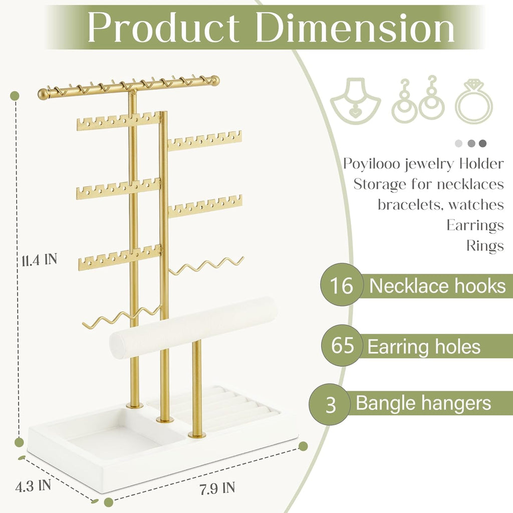 Poyilooo Earring Holder Jewelry Stand, 3 Tier Jewelry Organizer with Ring Holder Tray for Necklace Earring Keychains Bracelet Rings Display Jewelry Tree Stand (Whitegold)