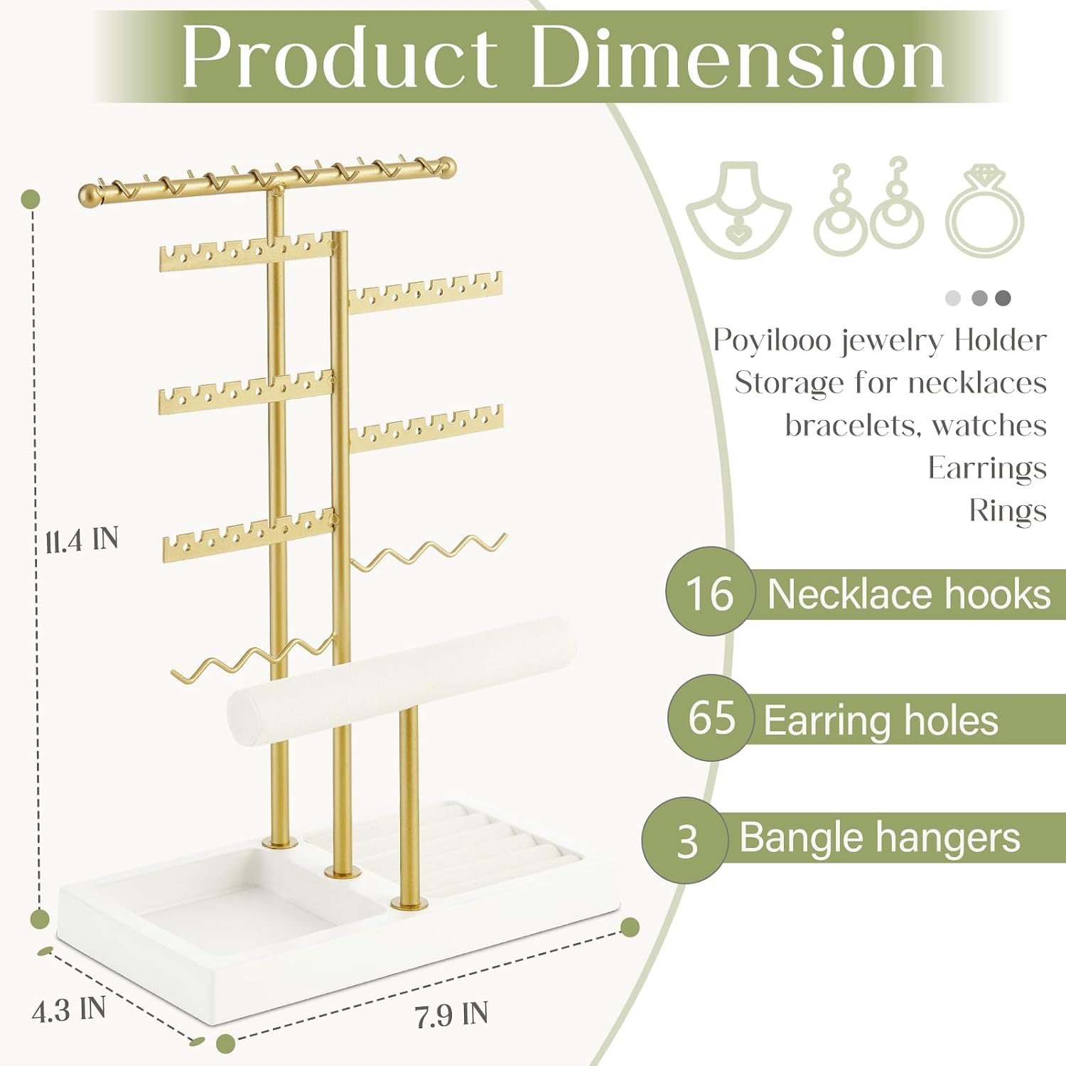 Poyilooo Earring Holder Jewelry Stand, 3 Tier Jewelry Organizer with Ring Holder Tray for Necklace Earring Keychains Bracelet Rings Display Jewelry Tree Stand (Whitegold)