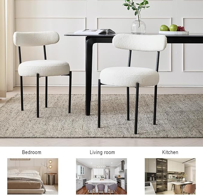 Dining Chairs Set of 2, Boucle Upholstered Modern Mid Century Round Kitchen Chairs with Curved Backrest & Metal Legs for Vanity, Living Room (Black)