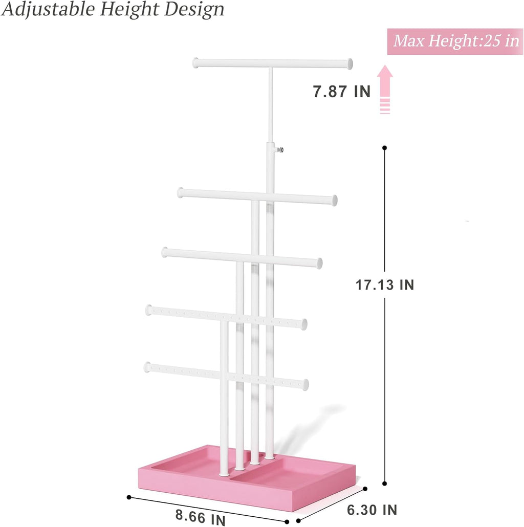 Love-KANKEI Jewelry Organizer Stand, 5 Tier Large Necklace Holder with Wood Base, Jewelry holder stand Tree for Display, Bracelets Earrings Rings, Height Adjustable Gift Pink and White