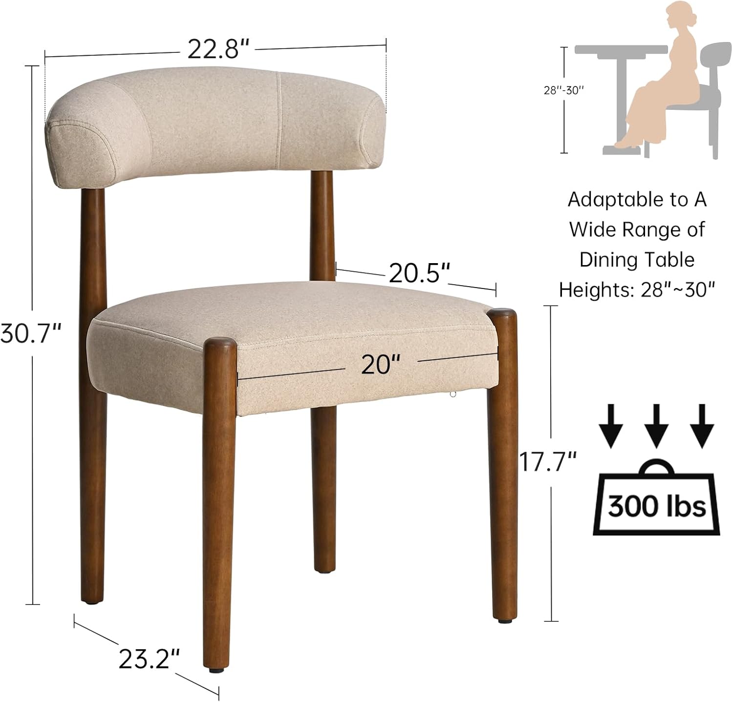 VKNOW Wooden Dining Chairs Set of 4, Modern Upholstered Dining Room Chairs with Walnut Wood Legs and Curved Backrest, Fabric Kitchen Chairs for Farmhouse/Living Room/Dining Room, Beige