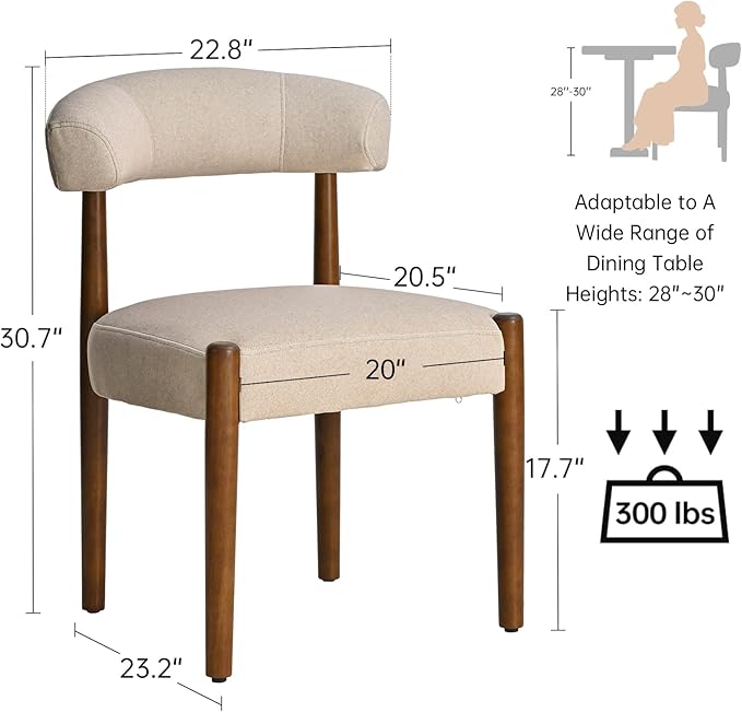 VKNOW Wooden Dining Chairs Set of 2, Modern Upholstered Dining Room Chairs with Walnut Wood Legs and Curved Backrest, Fabric Kitchen Chairs for Farmhouse/Living Room/Dining Room, Beige