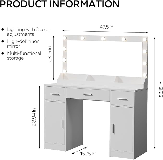 47.5” Vanity Desk with Large Mirror, 3 Colour Lighting Modes, Adjustable Brightness, Dresser with 3 Drawers & 2 Vertical Cabinets, Makeup Vanity Table for Women Girls