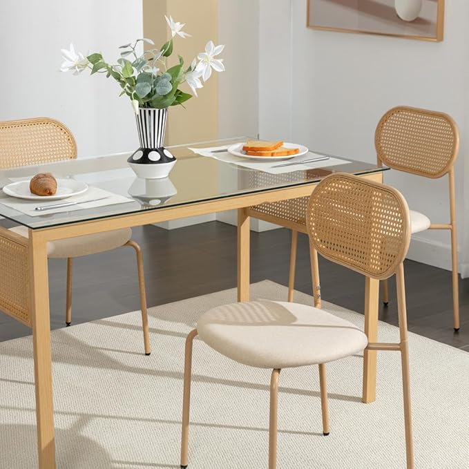 COSVALVE Boho Dining Chairs Set of 4 with Rattan Back, Upholstered Cane Seats, Metal Legs - Perfect for Dinner, Living Room, or Reception Area