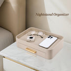 GORESE Valet Jewelry Tray Nightstand Organizer with Drawer, PU Leather Perfume Tray Trinket Trays for Vanity Bathroom Entryway, Catchall Trays for Key Purse Watch Cologne, Gift for Women Men, Beige