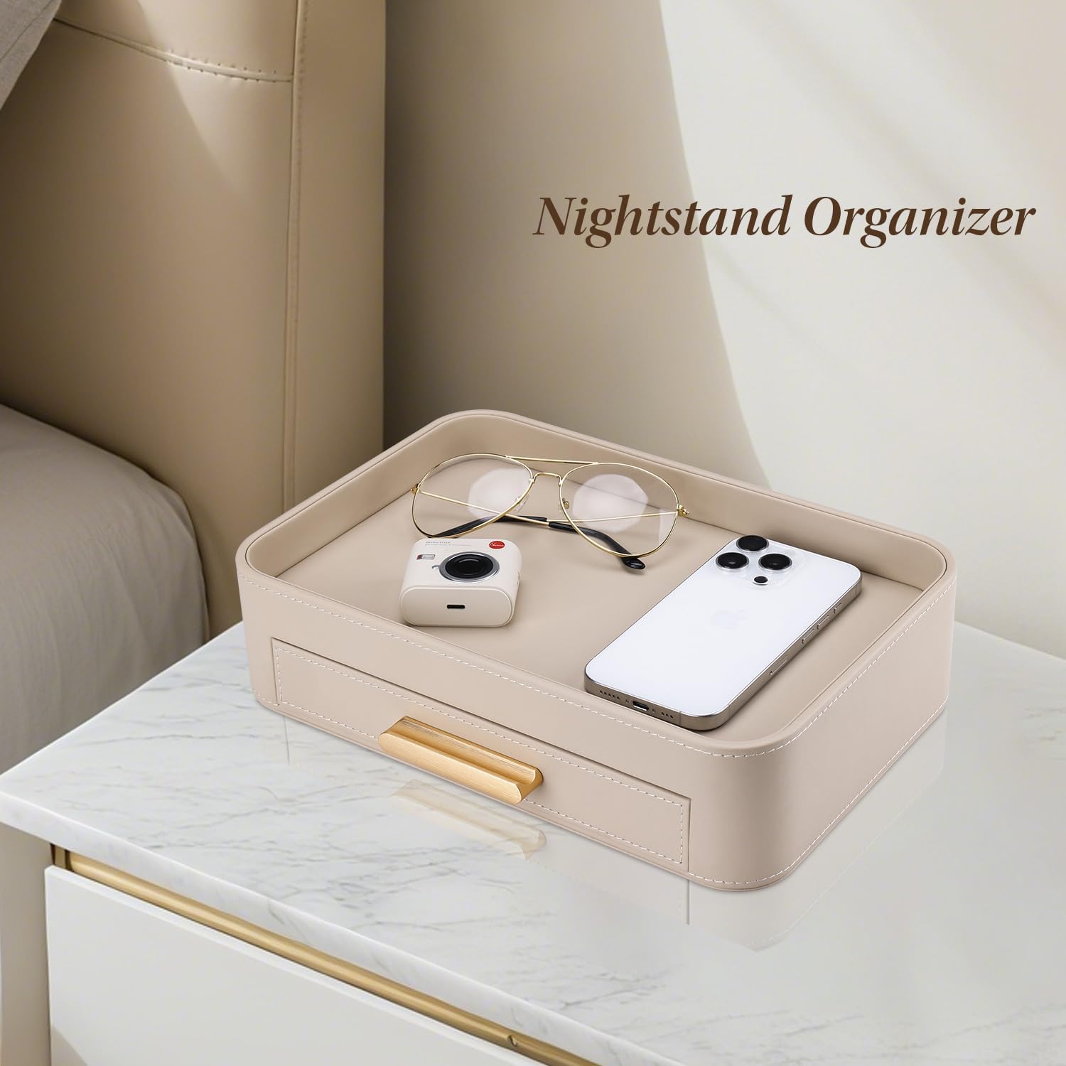 GORESE Valet Jewelry Tray Nightstand Organizer with Drawer, PU Leather Perfume Tray Trinket Trays for Vanity Bathroom Entryway, Catchall Trays for Key Purse Watch Cologne, Gift for Women Men, Beige