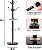 Kertnic Metal Coat Rack Stand with Natural Marble Base, Free Standing Hall Tree with 12 Hooks for Hanging Scarf, Bag, Jacket, Home Entry-way Hat Hanger Organizer (Black)