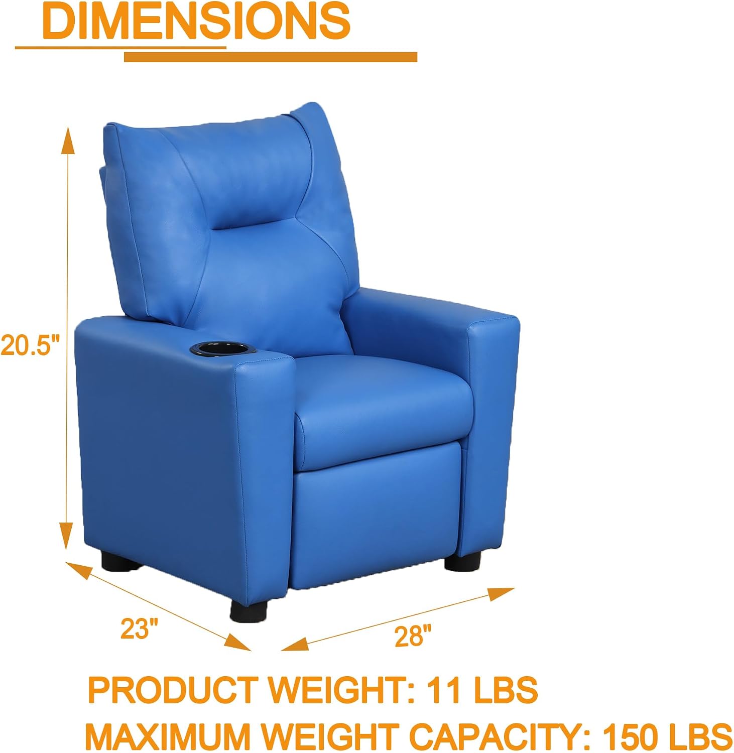 Kids Recliner Chair w/ Cup Holder, Toddler Recliner Chair Ages 1-4, 2-in-1 PU Leather Single Sofa for Boys/Girls, Kids Lazy Boy Chairs, Upholstered Armchair, Adjustable Backrest & Footrest (Blue-NEW)