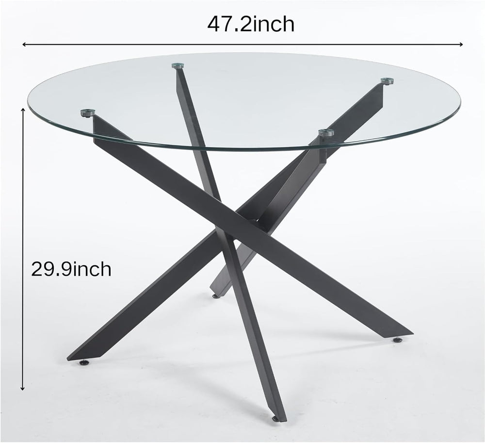 Henf 47.24" Round Dining Table with Black Metal Legs, Glass Kitchen Tabl...