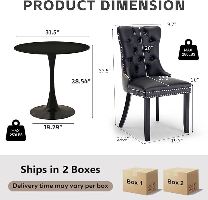 3-Pieces 31.5" Round Dining Table Set for 2, Black Dining Table & PU & Velvet Upholstered Dining Chairs Set of 2 for Kitchen Dining Room Apartment Small Space(Black & Grey Chairs)