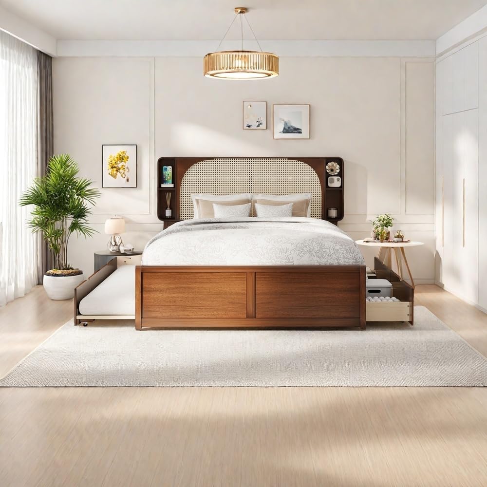 SOFTSEA Queen Size Rattan Bed with Trundle and 2 Drawers, Elegant Traditional...