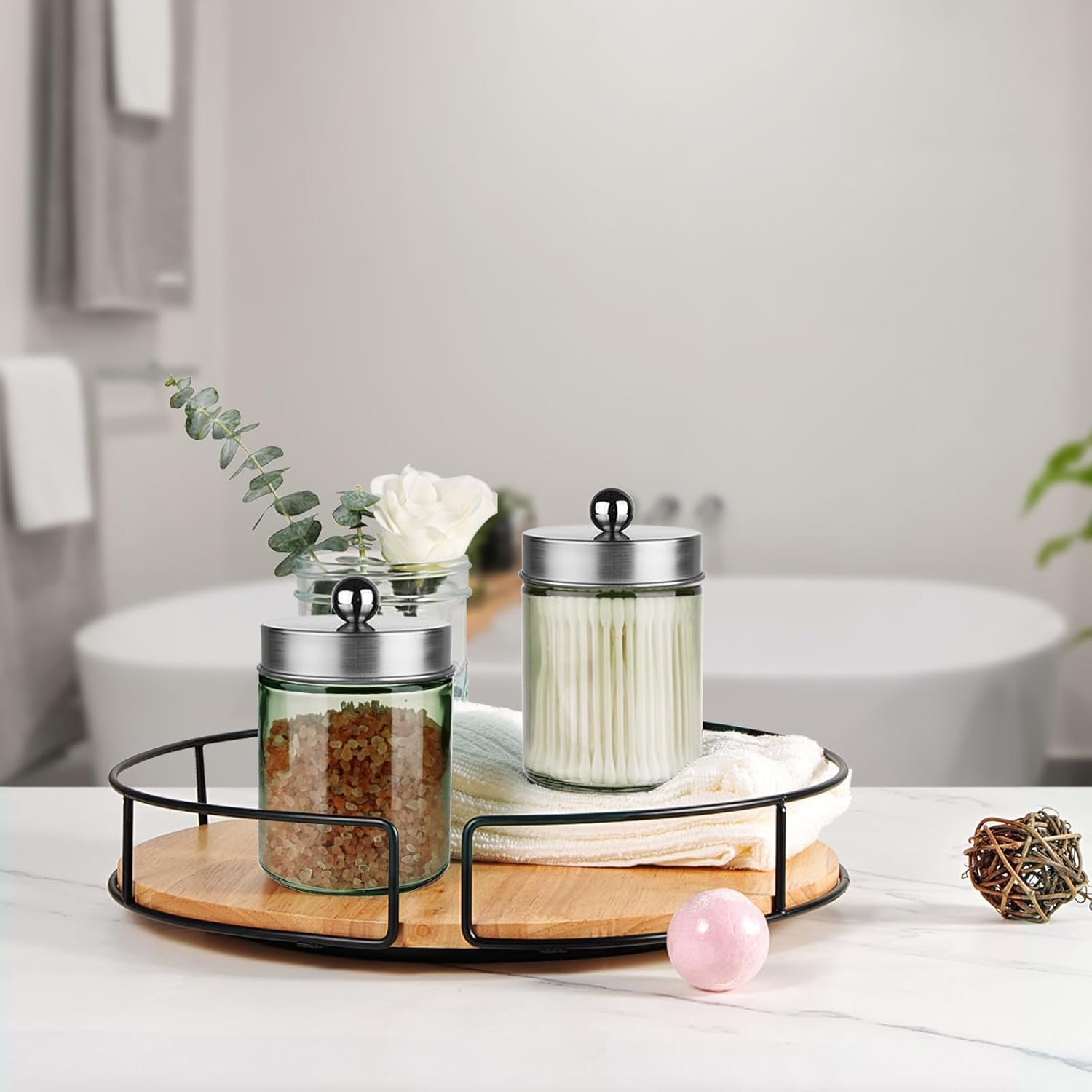 Amolliar Sage Green Glass Apothecary Jar, Qtip Holder Metal Lid & Sticker, Bathroom Qtip Dispenser Storage Canister, Perfect for Cotton Balls, Swabs, Round Pads, Bath Salt, Floss,Brushed Nickel 1 Pack