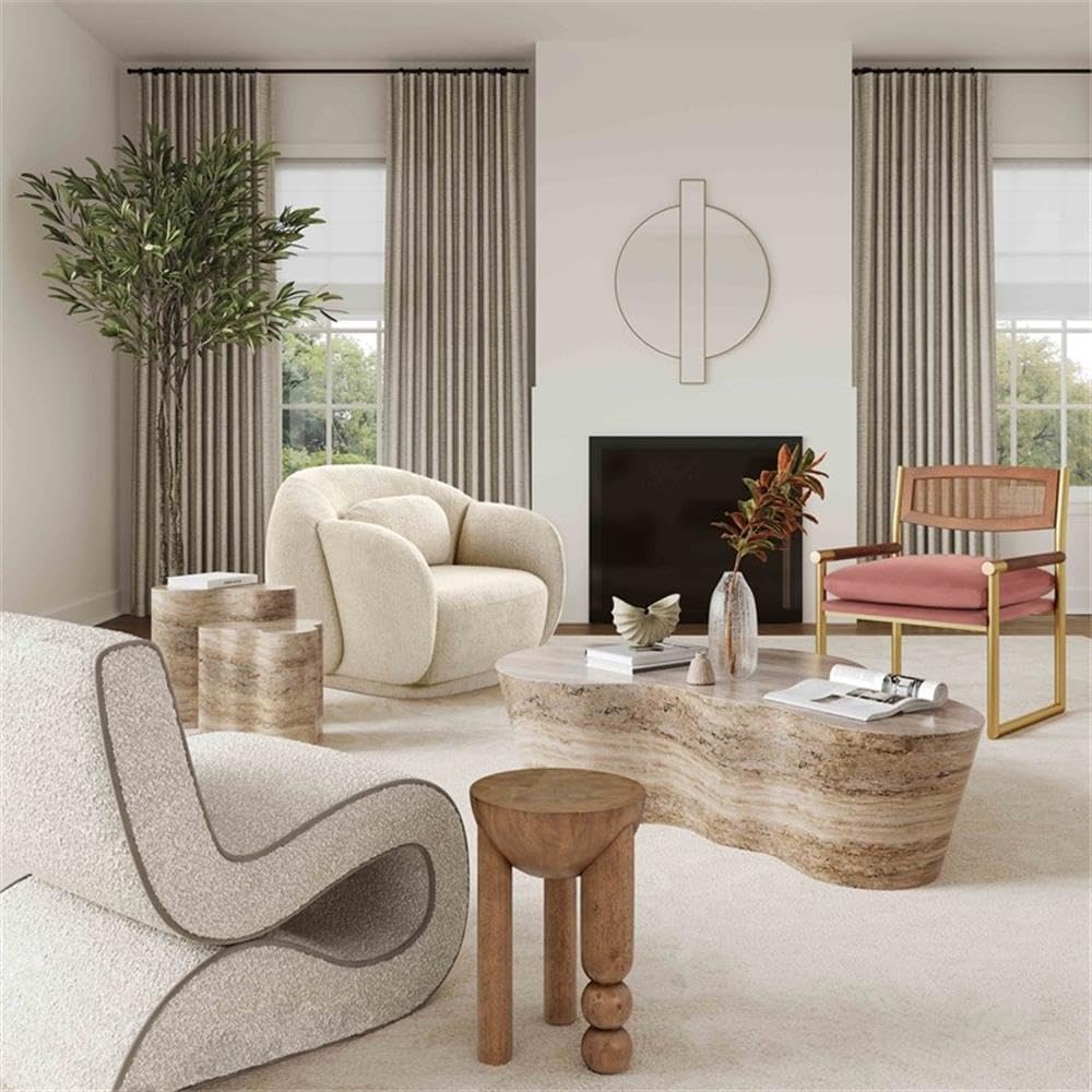 MAKLAINE Transitional Faux Travertine End Table, Tan Finish, Concrete Materia...