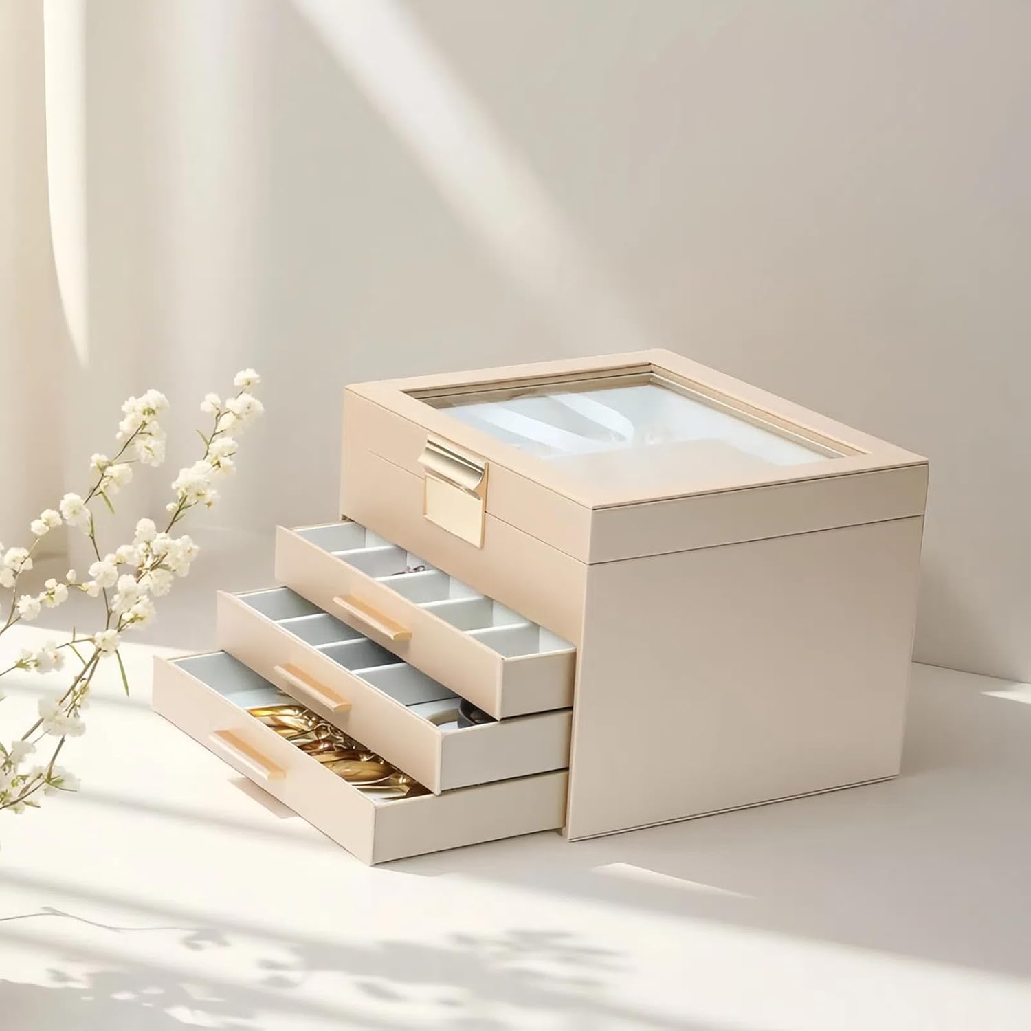 BOOVO Clear Lid Jewelry Box,4 Layers Jewelry Organizer Large Jewelry Storage Box with 3 Drawers,Jewelry Holder Organzier of Rings Earrings Necklace Bracelets for Women (Champagne, 4 Layer)