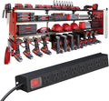 4 Layers Power Tool Organizer Wall Mount with Power Strip, Heavy Duty Metal Tool Shelf, 400lbs Capacity for Cordless Drills, Batteries & Garage Storage (12 Slots with 8 Outlets Power Strip)