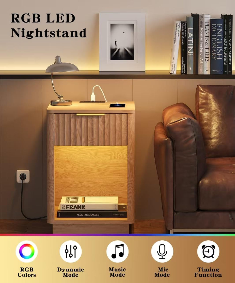 Akxomel Fluted Nightstand Set 2 Bedside Table with Charging Station Oak | Woo...