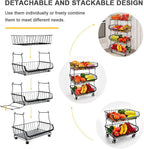 Miyawell Fruit Vegetable Storage Basket, 4 Tier Stackable Metal Wire Storage Baskets with Wheels, Fruit Vegetable Produce Basket Organizer Bins for Kitchen, Pantry, Bathroom