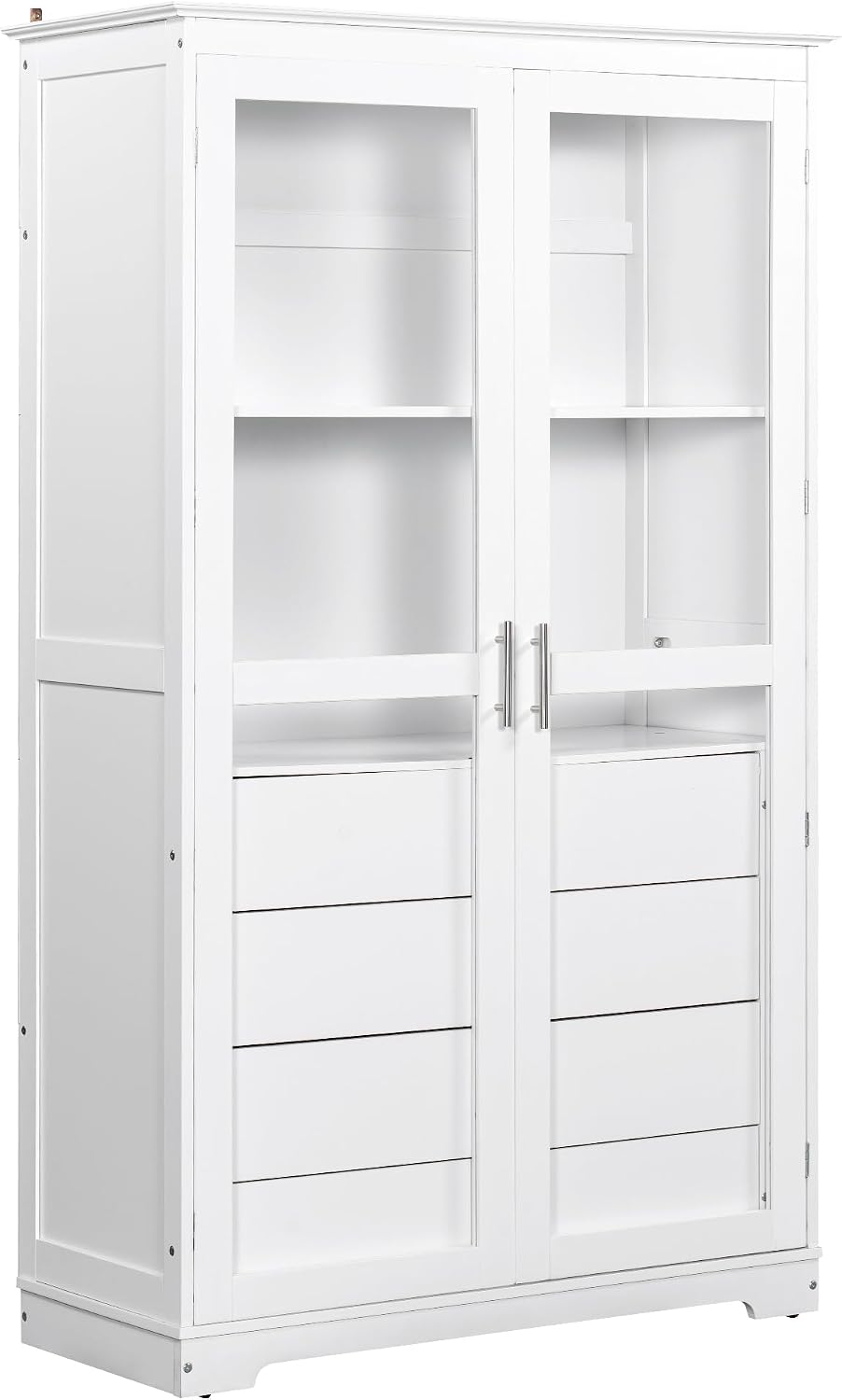 Freestanding Kitchen Pantry with Glass Doors and 4 Built-in Drawers, Large Ki...