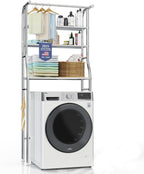 Over The Washer and Dryer Storage Shelf, 3 Tier Laundry Room Metal Drying Rack with Towels Hangers, Space Saver Organizer for Hanging Clothes and Towels (Stainless Steel RA1)