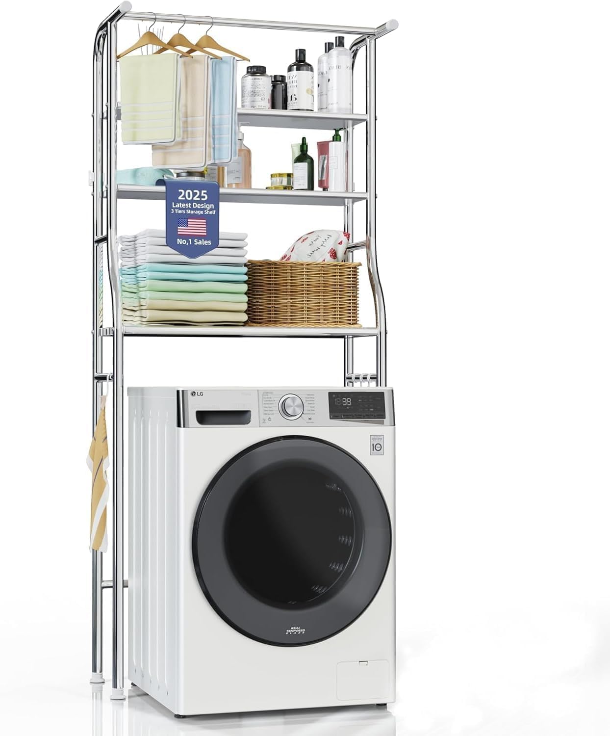 Over The Washer and Dryer Storage Shelf, 3 Tier Laundry Room Metal Drying Rack with Towels Hangers, Space Saver Organizer for Hanging Clothes and Towels (Stainless Steel RA1)