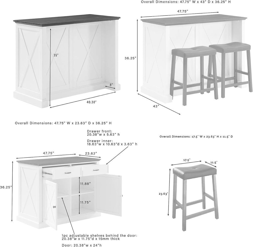 Crosley Furniture Clifton Kitchen Storage Island, Microwave Stand, Coffee Bar and Set of 2 Upholstered Saddle Stools, Distressed White/Black