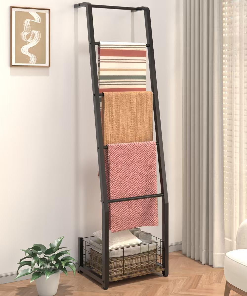 6.3ft Blanket Ladder with Storage Basket, 5 Tier Decorative Ladder Shelf Stan...