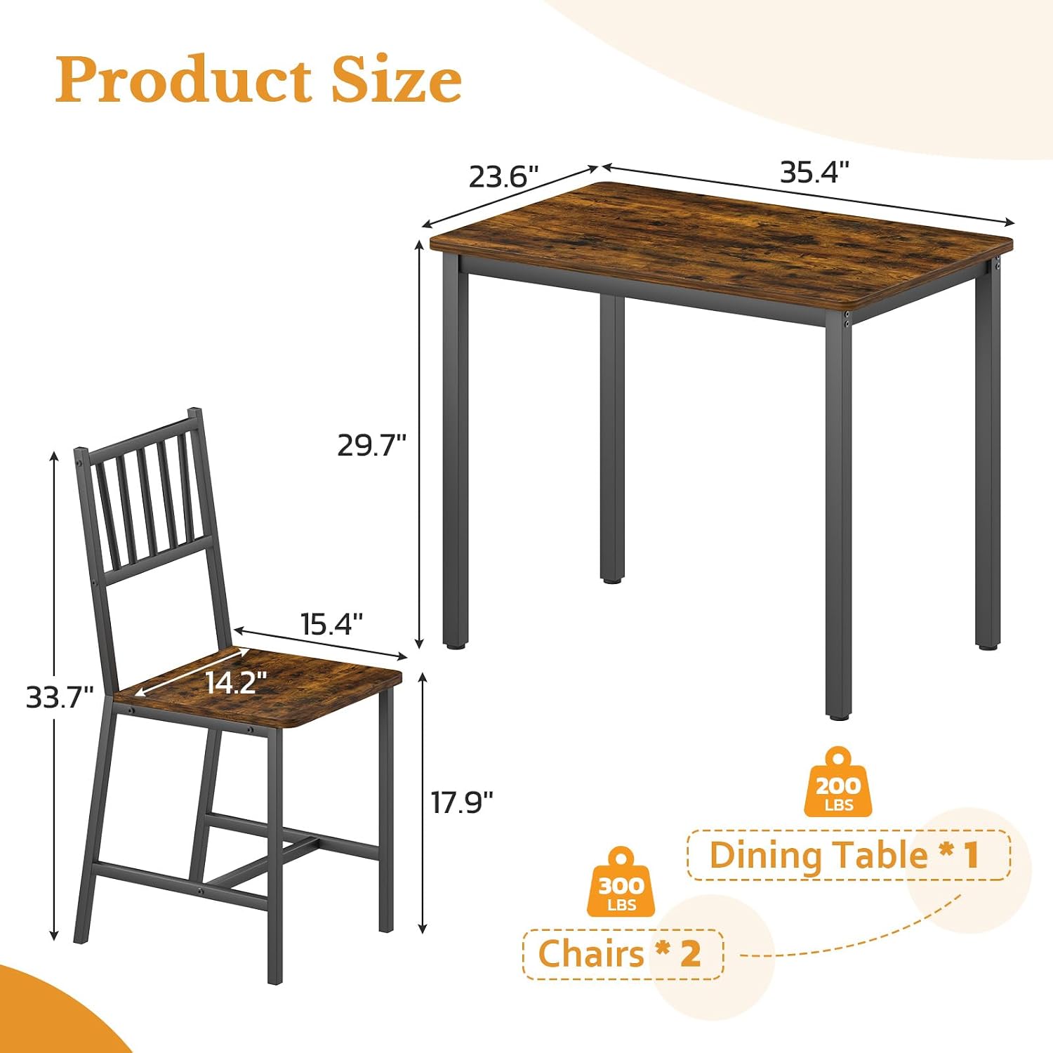 Rovibek 3 Piece Dining Table Set for 2 with Steel Frame & Adjustable Feet, Small Kitchen Table with 2 Chairs, Modern Breakfast Nook Dinette for Small Space, Industrial Farmhouse Brown