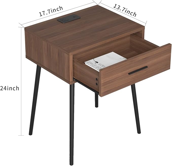 HAIOOU Set of 2 Mid Century Nightstand with Charging Station, End Table Moder...